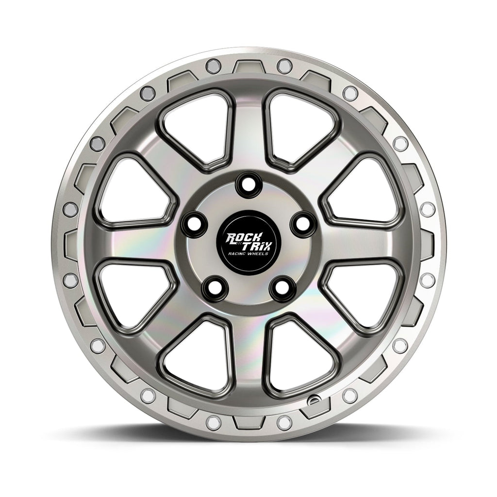RockTrix RT116 17 inch Wheel Compatible with Jeep Wrangler JK JL 17x9 5x5 Wheels (-12mm Offset, 4.5in Backspace) 5x5 PCD, 71.5mm Bore, Gunmetal Gray Wheels, Also fits Gladiator JT Rims