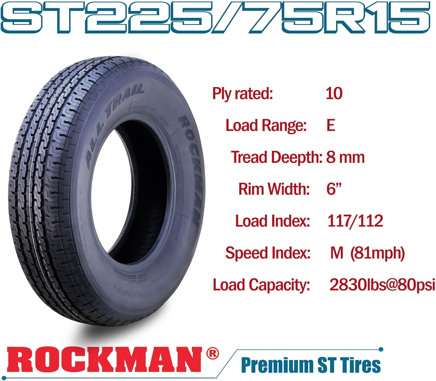 ROCKMAN Trailer Tire ST225/75R15 10-Ply Load Range E 117M Steel Belted Radial 11168, Set4
