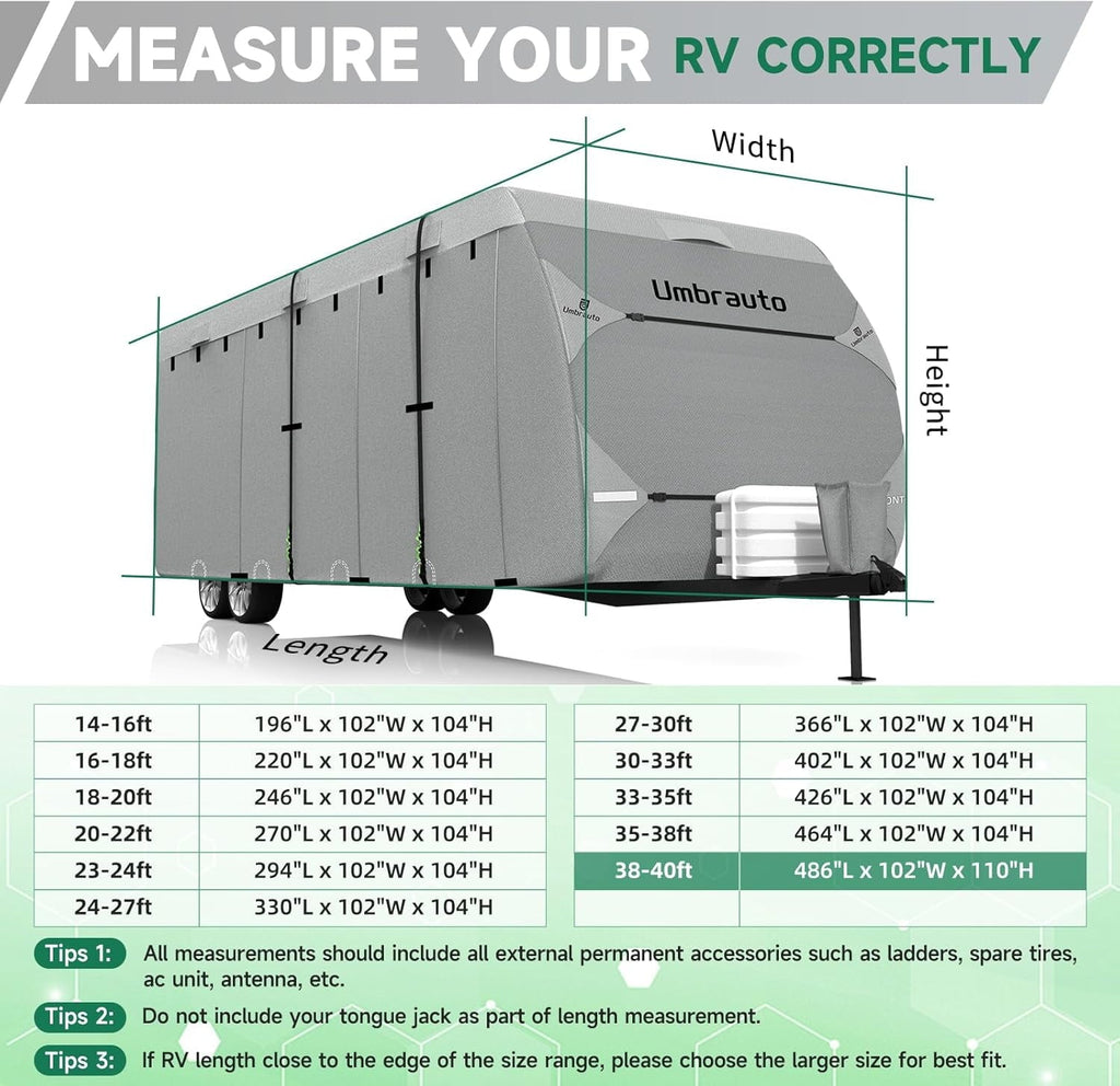 RV Cover for 35-38FT Travel Trailer, 7-Layers Top Camper Cover with Tongue Jack Cover/Windproof Straps/Gutter Covers and Other Accessories Kit